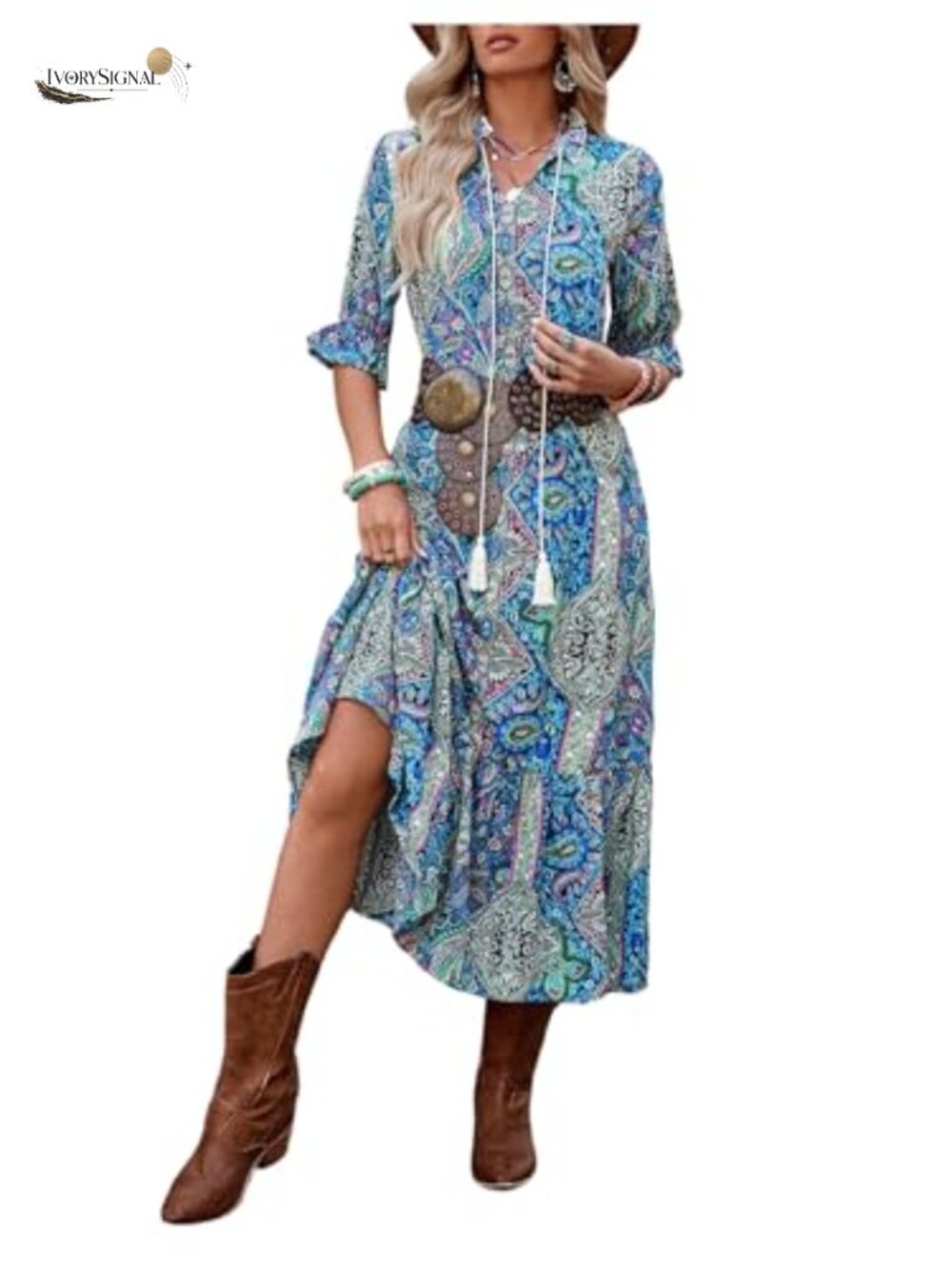 GORGLITTER Western Boho Paisley Maxi Dress 3/4 Sleeve Ruffle Tassel